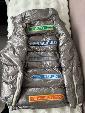 Moncler Metallic Silver Puffer Jacket with Multicolor Travel Patches